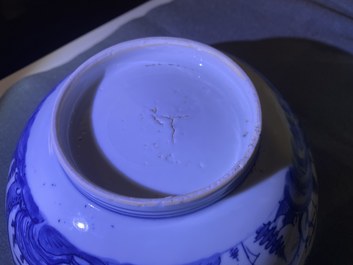 Un bol en porcelaine de Chine en bleu et blanc &agrave; d&eacute;cor d'un paysage, Wanli